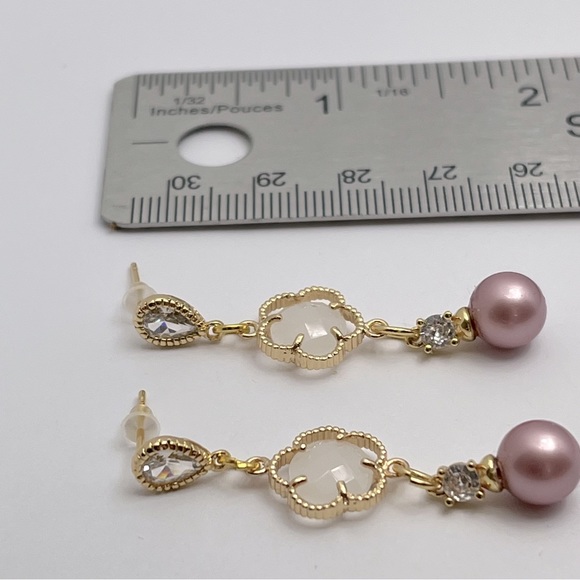 Dusty Rose Pink Bead Ivory Gold Glass Charm Earrings - Picture 2 of 2